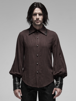 Brown Steampunk Appliqued Long Sleeve Shirt for Men