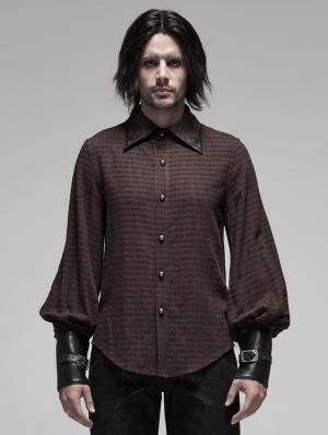 Brown Steampunk Appliqued Long Sleeve Shirt for Men