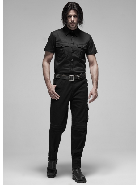 Black Gothic Punk Metal Short Sleeve Shirt for Men - Devilnight.co.uk