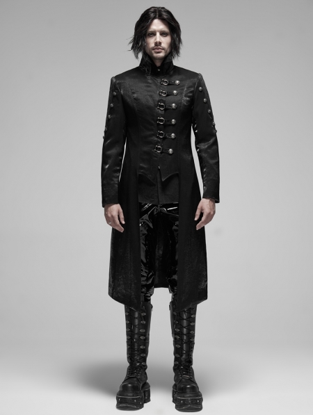 Black Gothic Punk Metal Long Trench Coat for Men - Devilnight.co.uk