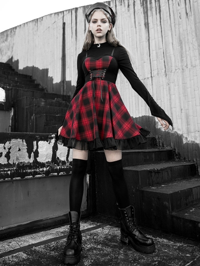 Black Red Plaid Fashion Short Dress - Devilnight.co.uk