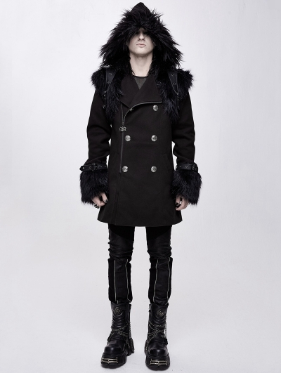 Black Men's Gothic Punk Winter Hooded Coat with Detachable Shoulder Accessory