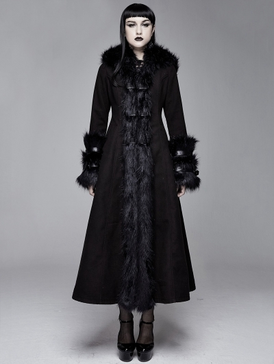 Black Gothic Fur Winter Warm Long Hooded Coat for Women