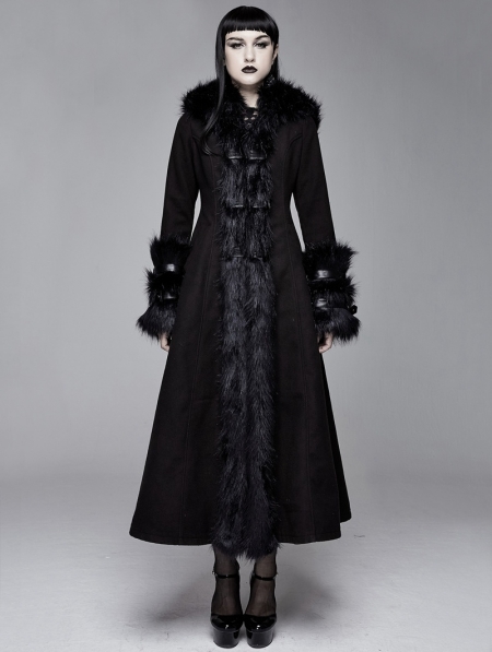 Black Gothic Fur Winter Warm Long Hooded Coat for Women - Devilnight.co.uk