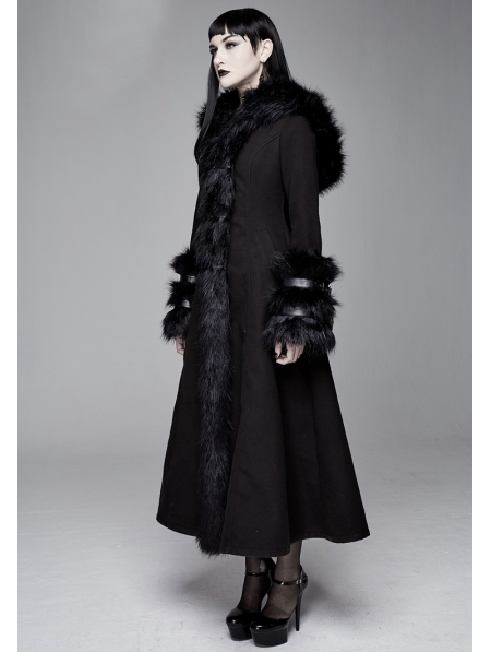 Black Gothic Fur Winter Warm Long Hooded Coat for Women - Devilnight.co.uk