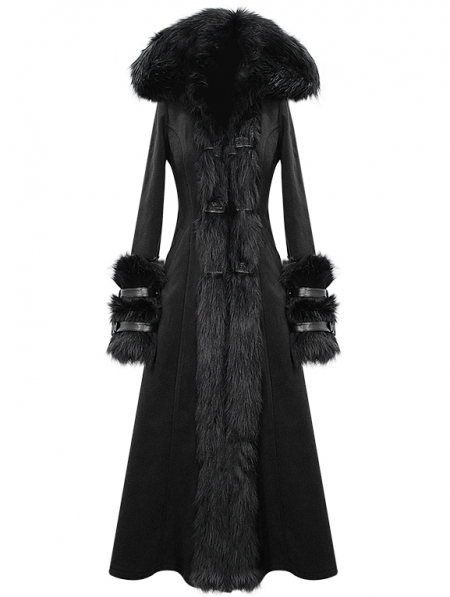 Black Gothic Fur Winter Warm Long Hooded Coat for Women - Devilnight.co.uk