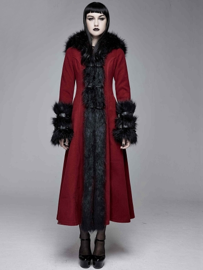 Red and Black Gothic Fur Winter Warm Long Hooded Coat for Women