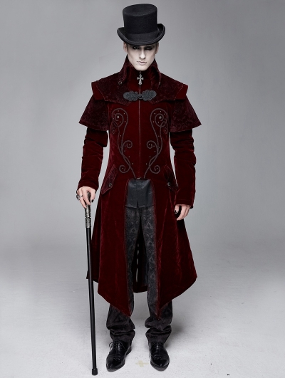 Red Gothic Victorian Vintage Long Velvet Tailcoat for Men