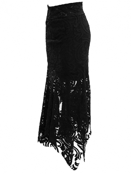Black Vintage Pattern Gothic Irregular Fishtail Skirt - Devilnight.co.uk