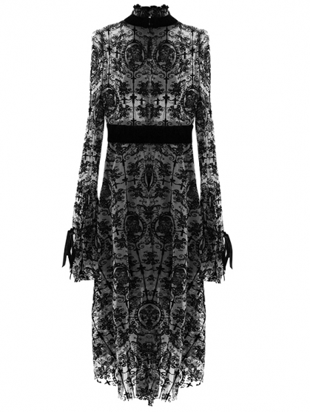 Black Vintage Pattern Sexy Gothic Long Sleeve High-Low Dress ...