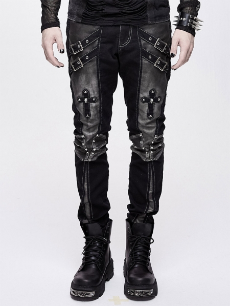 Black and Sliver Gothic Punk Metal Cross Long Trousers for Men ...