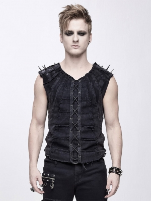 Black Gothic Punk Rock Rivet Sleeveless Vest Top for Men