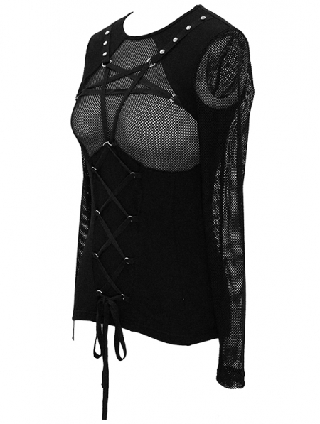Black Gothic Punk Sexy Long Sleeve T-Shirt for Women - Devilnight.co.uk