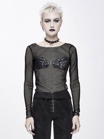 Black Gothic Punk Sexy Transparent Net Long Sleeve T-Shirt for Women