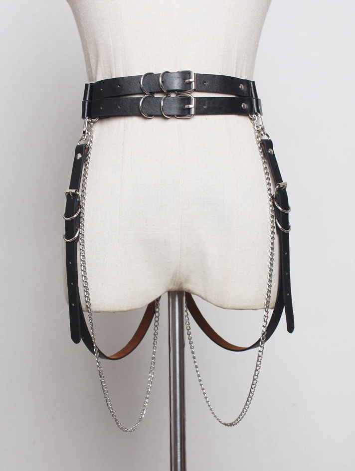 Black Gothic Punk PU Leather Chain Belt with Detachable Belts