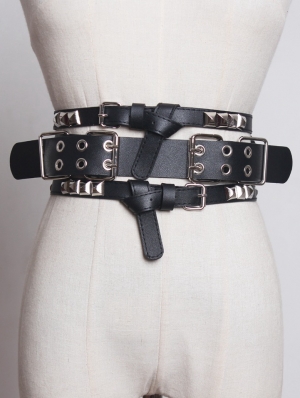 Black Gothic Punk PU Leather Rivet Wide Belt