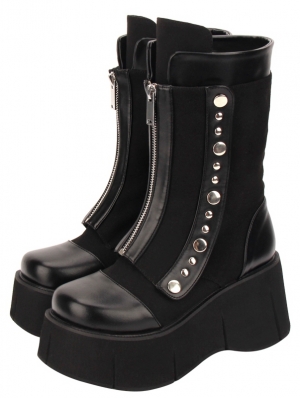 Black Gothic Punk Rivet Zipper Platform Mid-Calf Boots for Women