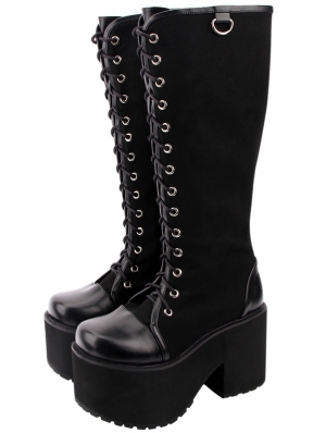 Black Gothic Punk Lace Up Knee Platform Boots for Women