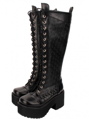 Black Gothic Punk Skull Lace Up Knee Platform Boots for Women