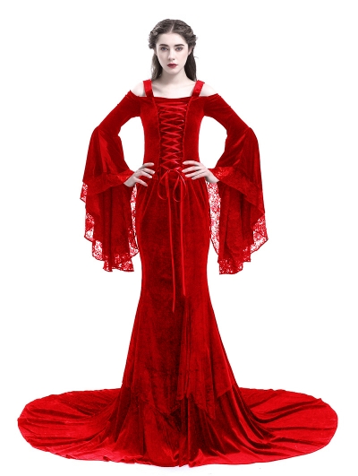 Red Romantic Off-the-Shoulder Gothic Medieval Two Pieces Dress