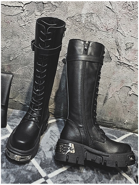 Black Gothic Punk Lace Up Knee Platform Boots for Women - Devilnight.co.uk
