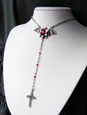 Gothic Cross Bat Pendant Necklace