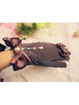 Brown Lace Bow Beading Lolita Gloves