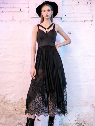 Black Street Fashion Gothic Lace Long Harness Style Dress