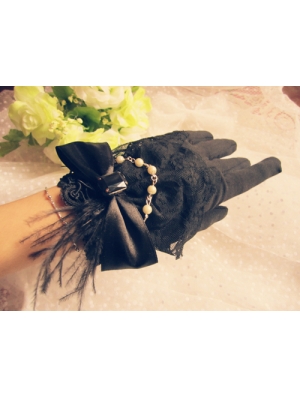 Black Feather Bow Gothic Gloves