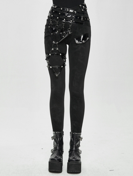 Women's Black Gothic Punk Pants with Detachable Pentagram Harness Belt ...
