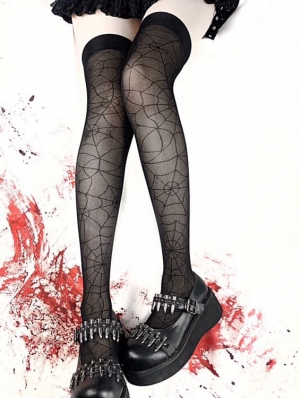 Black Gothic Punk Spider Web Thigh High Tights 