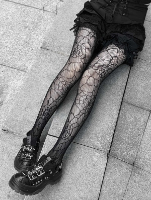 Black Gothic Punk Spider Web Thigh High Tights 