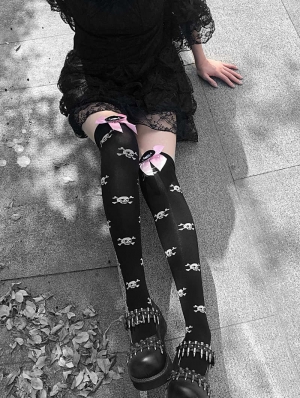 White Gothic Punk Skull Bowknot Knee Socks