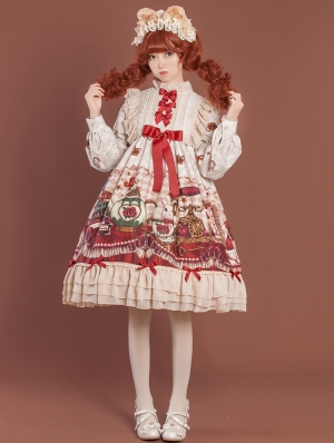 Ivory Crown Bear Long Sleeve Chiffon Sweet Lolita OP Dress