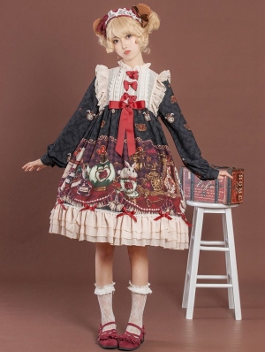 Black Crown Bear Long Sleeve Chiffon Sweet Lolita OP Dress