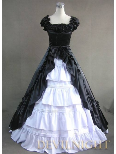 Classic Black and White Short Sleeves Bow Gothic Victorian Dress