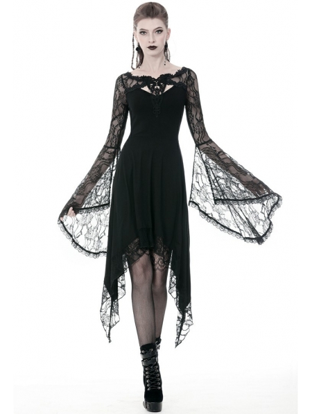 Black Gothic Lace Long Sleeve Asymmetrical Dress - Devilnight.co.uk