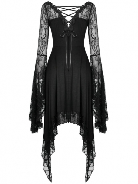 Black Gothic Lace Long Sleeve Asymmetrical Dress - Devilnight.co.uk