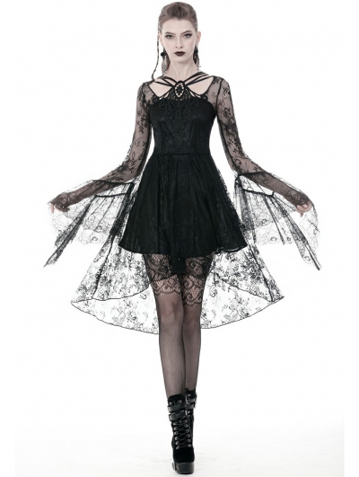 Black Gothic Lace Long Sleeve High-Low Party Dress