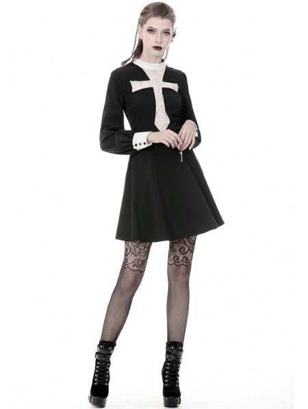 Black and White Vintage Gothic Skull Cross Long Sleeve Short Dress ...