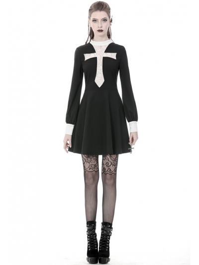 Black and White Vintage Gothic Skull Cross Long Sleeve Short Dress