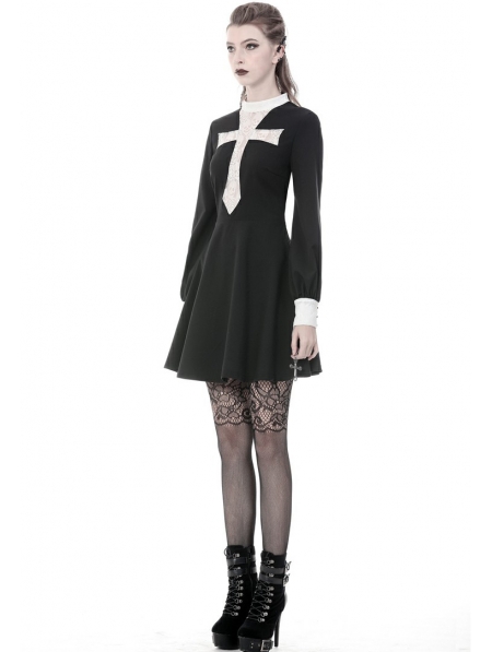 Black and White Vintage Gothic Skull Cross Long Sleeve Short Dress ...