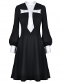 Black and White Vintage Gothic Skull Cross Long Sleeve Short Dress