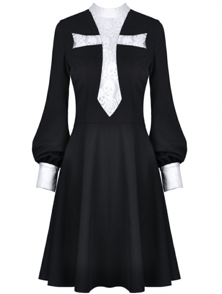 Black and White Vintage Gothic Skull Cross Long Sleeve Short Dress ...