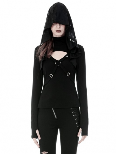 Black Gothic Punk Cross Long Sleeve Hooded T-Shirt for Women