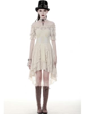 Ivory Steampunk Lace Short Sleeve High-Low Dress