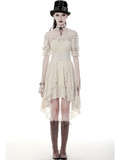 Ivory Steampunk Lace Short Sleeve High-Low Dress