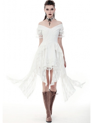 White Gothic Off-the-Shoulder Irregular Cocktail Party Dress