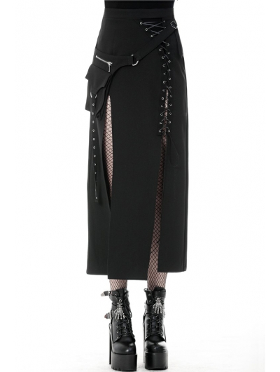 Black Gothic Punk Sexy Slit Irregular Long Skirt