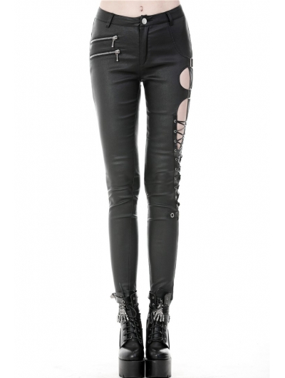 Black Gothic Punk Sexy Asymmetrical PU Leather Trousers for Women